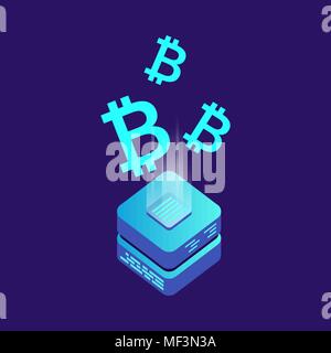 Mining bitcoin server vector icon in isometric style. Blockchain crypto money farm datacenter illustration background. Block chain concept. Stock Vector