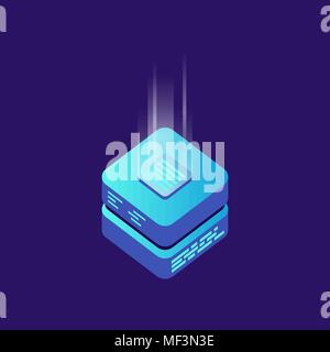 Mining bitcoin server vector icon in isometric style. Blockchain crypto money farm datacenter illustration background. Block chain concept. Stock Vector