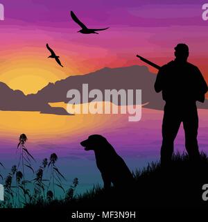 Silhouette of a hunter with dog on beautiful sunset, vector illustration Stock Vector