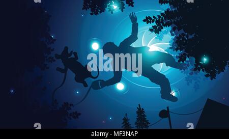 UFO abducts human in dark night sky near home. Aliens spaceship fly over man and his dog. Flying saucer or unidentified flying object. Vector illustra Stock Vector