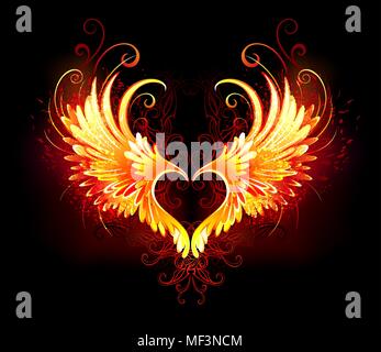 Angel fire heart with flaming wings on black background. Stock Vector