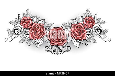Dotwork red roses tattoo on white background. Stock Vector