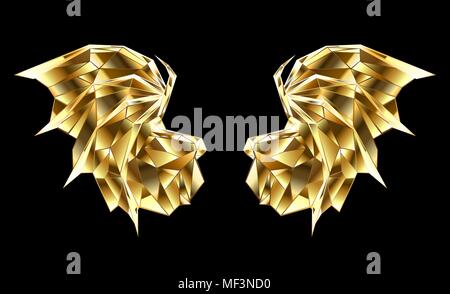 Gold, faceted, polygonal dragon wings on black background. Stock Vector