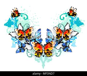 Symmetrical pattern of blue morpho and orange monarch butterflies on white background. Stock Vector