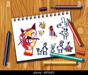 Children doodles draw cat felt pen paper and wood background. The image is made of adults, imitates childlike drawing. Color vector illustration. EPS8 Stock Vector