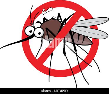 Cartoon mosquito bug character for insecticide repellent sign. Funny gnat insect mascot. Cartoon mosquito and prohibition sign. Vector illustration Stock Vector