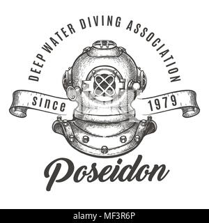 Scuba diving Club label. Diving helmet and ribbon. Vector illustration. Stock Vector