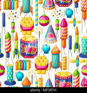Seamless pattern with colorful fireworks. Different types of pyrotechnics, salutes and firecrackers Stock Vector