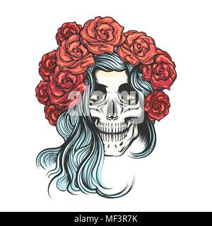 Hand drawn human skull in roses wreath. Vector illustration Stock Vector