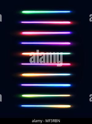 Neon light tubes set. Colorful glowing stripes collection isolated on dark blue background. Luminous gradient lamps elements pack for night party or game design. Color bright vector illustration. Stock Vector