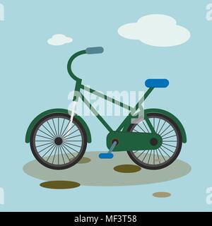 Bike mountain downhill vector flat bicycle illustration extreme urban biking, sky with clouds background Stock Vector