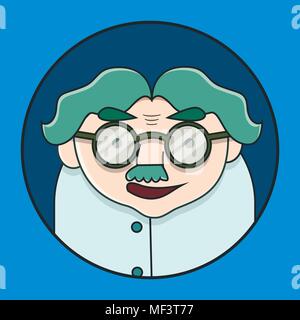 Mad old laughing professor withblue green bushy hair in lab coat, cartoon vector illustration isolated, stereotype of scientist Einshtein style Stock Vector