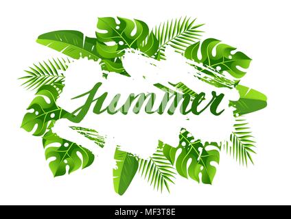 Background with tropical palm leaves. Exotic tropical plants. Illustration of jungle nature Stock Vector