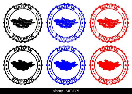 Made in Mongolia - rubber stamp - vector, Mongolia map pattern - black, blue and red Stock Vector