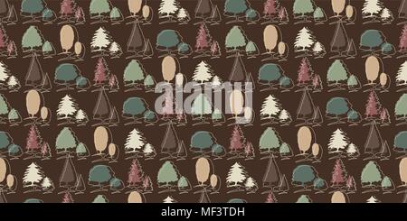 Repeating seamless pattern of forest tree outlines on a dark background Stock Vector