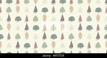 Repeating seamless pattern of tree sketch outlines in autumn colours Stock Vector