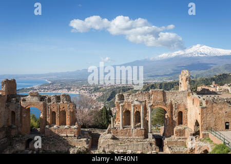 Ancient theatre of Taormina with Mt. Etna, Sicily. Stock Photo