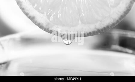 Black and white image of juice droplet hanging on side of lemon slice Stock Photo