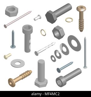 Set of different fasteners isolated on white background. 3D isometric style, vector illustration. Stock Vector