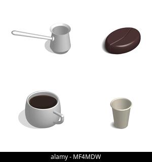 Coffee set. Cup, bean and cezve isolated on white background. 3D isometric style, vector illustration. Stock Vector