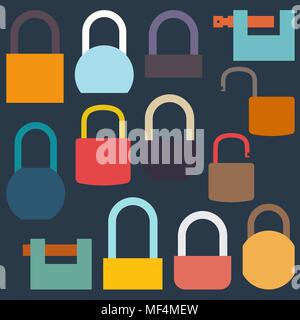 Set multicolored icons locks of different shapes, isolated on a blue background. Flat style, vector illustration. Stock Vector