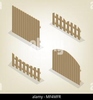 Set of spans wooden fences of various forms. Isolated on white background. Elements of buildings and landscape design. Flat 3D isometric style, vector Stock Vector