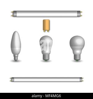 Set of various photorealistic light-emitting diode and fluorescent light bulbs. Elements for the design of electrical components. 3d style, vector ill Stock Vector