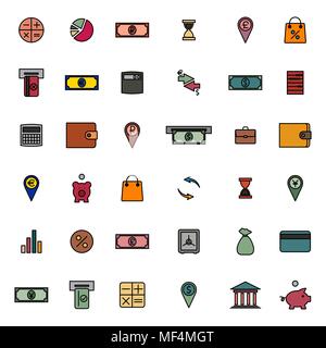 Set of colored financial icons of thin lines. Flat style, vector illustration. Stock Vector