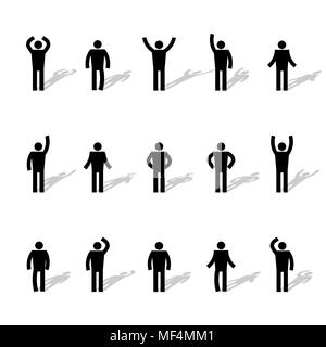 Set of stick figures, black mens silhouettes on a white background in various poses and positions. Icons people, vector illustration. Stock Vector