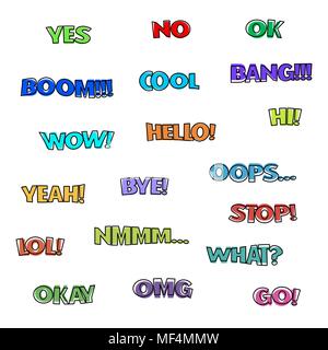 Various cartoon text for speech bubbles, isolated on white background, vector illustration. Stock Vector