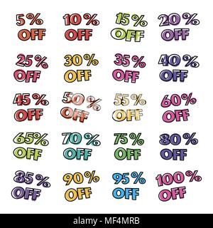 Bright cartoon labels with discount from five to one hundred percent. Isolated on the white background vector illustration. Stock Vector