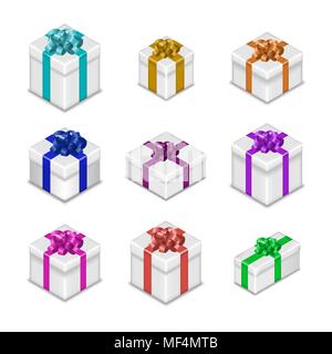 Set of different gift boxes with ribbon and bow, isolated on white background. 3D isometric style, vector illustration. Stock Vector