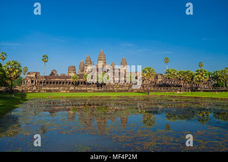 The spectacular front side with the lily pond of the main complex of Angkor Wat in Siem Reap, Cambodia. Stock Photo