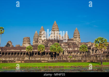A close view of the spectacular front side of the main complex of Angkor Wat temple including the lily pond.  Taken in Siem Reap, Cambodia. Stock Photo