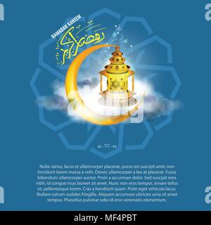 Realistic Ramadan lantern Fanus with star sparkle and realistic clouds and Ramadan Kareem calligraphy. Illustrated vector. Stock Vector