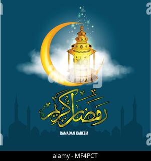 Realistic Ramadan lantern Fanus with star sparkle and realistic clouds and Ramadan Kareem calligraphy. Illustrated vector. Stock Vector