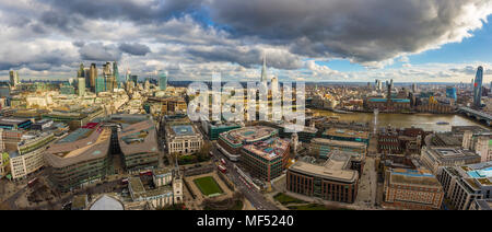 London, England - Panoramic skyline view of London. This view includes the skyscrapers of Bank District, Tower Bridge, Shard skyscraper and Millennium Stock Photo