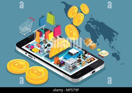 A vector illustration of Bitcoin Cryptocurrency Shopping Conceptual Stock Vector