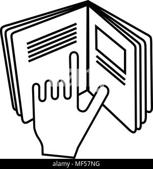 Refer to insert symbol used on cosmetics products. Sign displaying hand pointing to text in open book meaning read instructions. Stock Vector