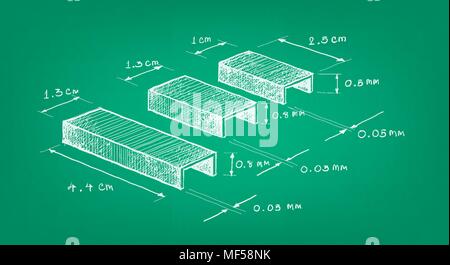 Office Supply, Illustration Hand Drawn Sketch Dimension of Staple Strip or Paper Staples Used with A Stapler to Attach Pieces of Paper Together. Stock Vector