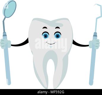 Tooth with dental tools funny cartoon Stock Vector