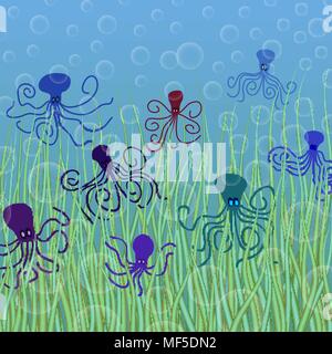 abstract vector underwater background with octopuses and bubbles Stock Vector