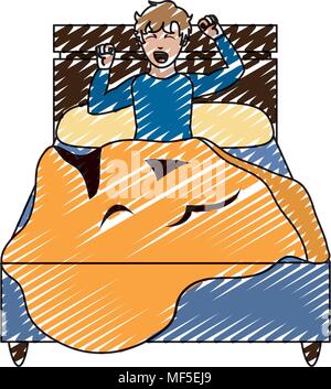 doodle man in the bed wakuing up with pijama design Stock Vector