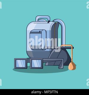 school backpack with glasses and graduation cap over blue background, colorful design. vector illustration Stock Vector