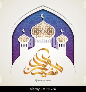 Golden color Ramadan Kareem calligraphy with decorative mosque and arch door in paper style Stock Vector