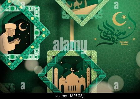 Lovely ramadan cultural elements in abstract frame with Ramadan Kareem calligraphy on green background Stock Vector