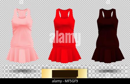 Realistic detailed 3d women dress mock up. Pink, red and dark vinous set isolated on Background sport summer clothing. Vector illustration Stock Vector
