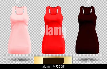 Realistic detailed 3d women dress mock up. Pink, red and dark vinous set isolated on Background sport summer clothing. Vector illustration Stock Vector
