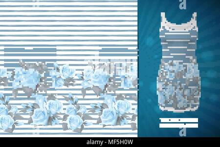 Seamless pattern with blue roses border on white background with strip grunge texture. Roses pattern, used on short dress mock up. Stock Vector