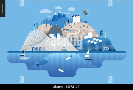Magical summer landscape - green island with hills, roads, cars, castle, houses and trees, with mountains, balloon and clouds above and waving sea and Stock Vector